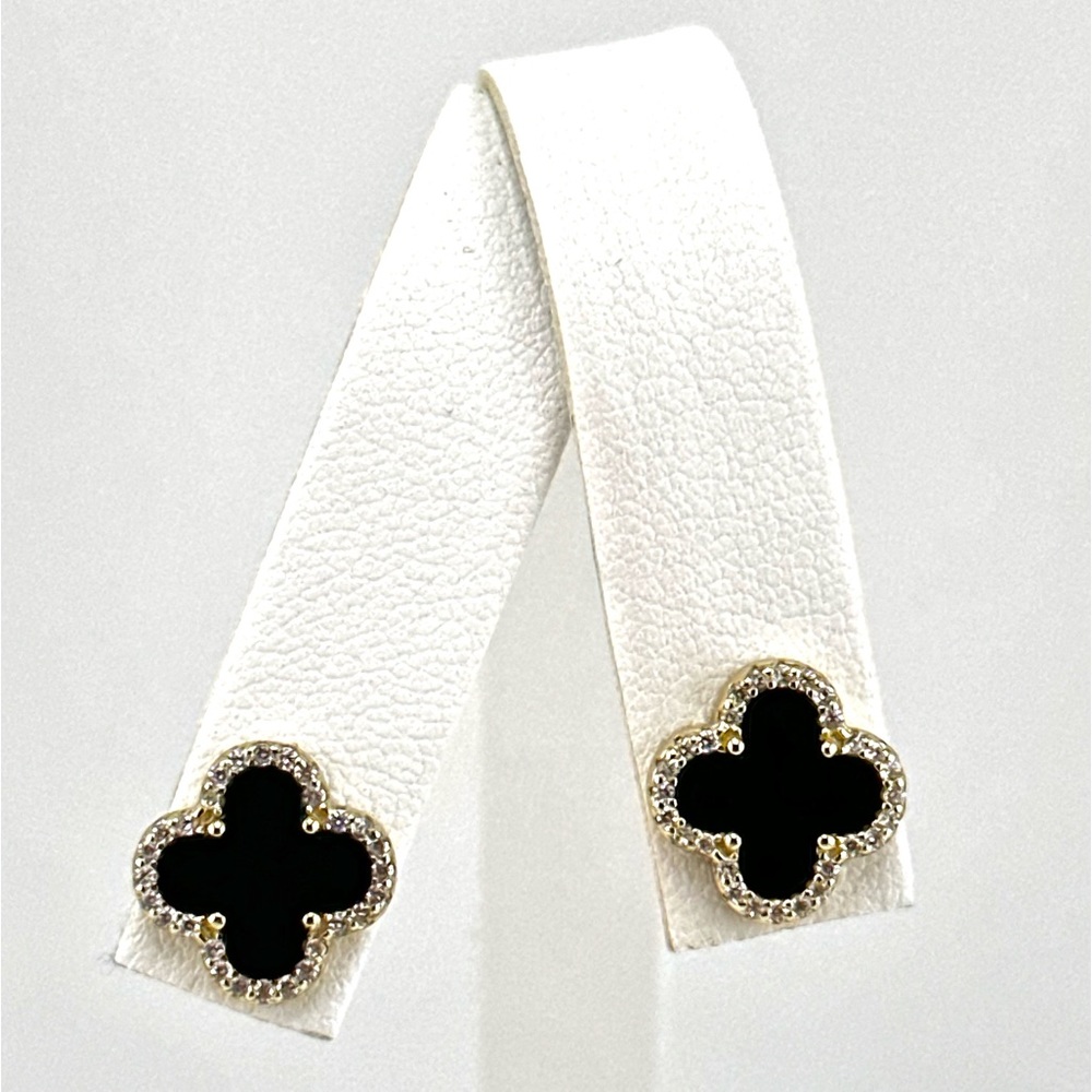 18K Gold Plated over 925 Sterling Silver Luxury Black Onyx Clover Stud Earrings